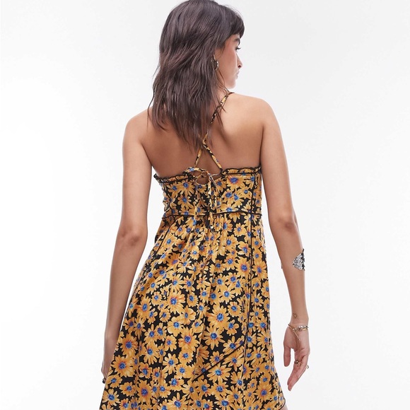 Topshop Strappy Ruched Floral Yellow Dress - Picture 4 of 10